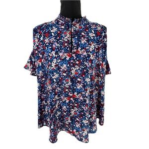 Dalia Cold Shoulder Blue and Red Floral Flutter Sleeve Flowy Blouse Size Large